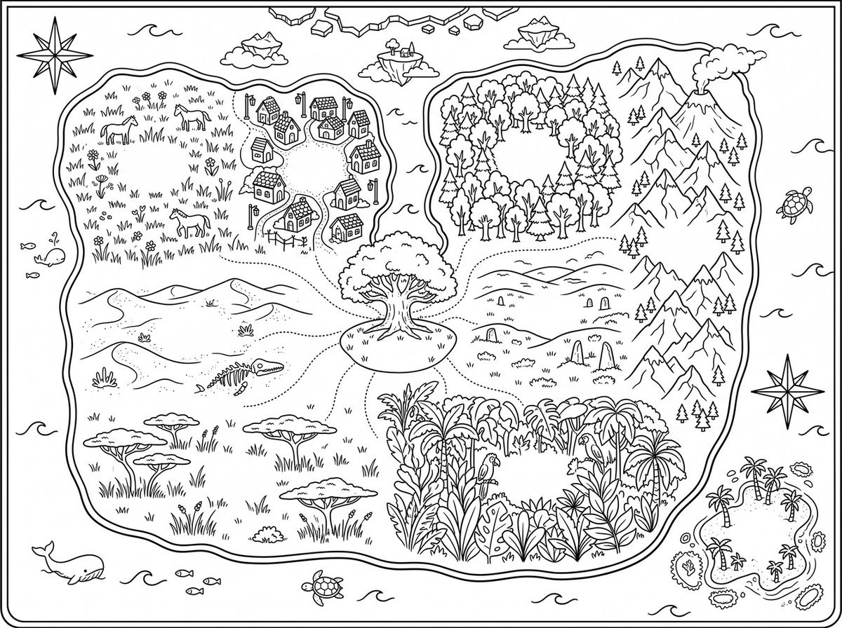 A line drawing of the Mossglow world map, with grassland, a lantern lit town, a forest ring, snowy mountains with a volcano, a desert, a savanna, a rainforest, reef islands and a great tree at the centre